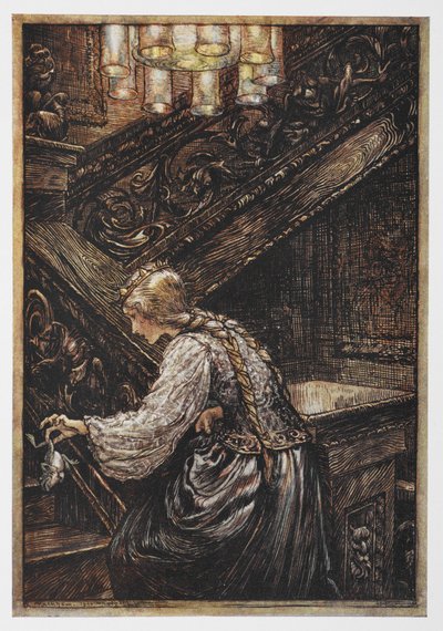 En prinsessa som bär en groda från The Frog Prince. av Arthur Rackham