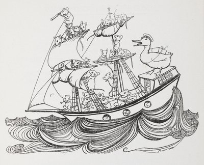 Ett fartyg bemannat av möss och befälhavare av en anka. av Arthur Rackham