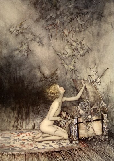 En plötslig svärm av bevingade varelser strök förbi henne, illustration från "A Wonder Book for Girls and Boys" av Nathaniel Hawthorne av Arthur Rackham