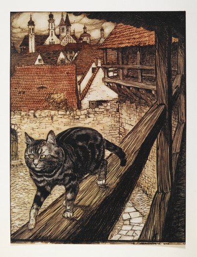 En tabby katt som går längs träskenan i en byggnad. av Arthur Rackham