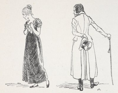 Ett ungt par bråkar, kvinnan har vänt sig bort med en näsduk mot sitt bröst av Arthur Rackham