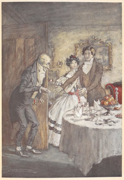 En ung man och kvinna välkomnar Scrooge för en måltid i deras matsal av Arthur Rackham