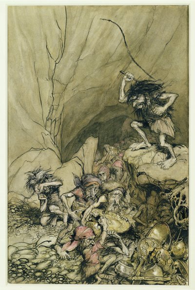 Alberich kör i ett gäng Nibelungar lastade med guld- och silverskatter, en illustration från The Rheingold and the Valkyrie av Richard Wagner (1813-83) pub. 1910 (penna och bläck, wc) av Arthur Rackham
