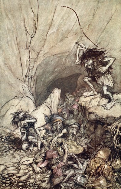 "Alberich kör i ett gäng Nibelungar med guld- och silverskatter", 1910. av Arthur Rackham