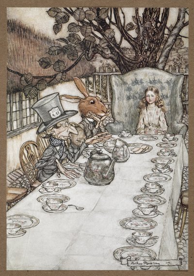 Alice på den galna hattmakarens teparty med marsharen, dormusen och den galna hattmakaren av Arthur Rackham