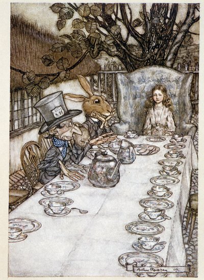 Alice tar "" i dårarna""" (Hattmakaren och Mars Lievre) - i "" The Adventures of Alice in Wonderland""", Lewis Carroll, ill. av Arthur Rackham (1867-1939) av Arthur Rackham