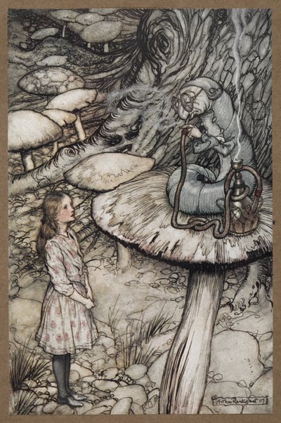キノコの上に座ってパイプをくゆらせている毛虫に話しかけるアリス スウェーデン語 av Arthur Rackham