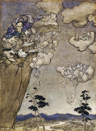 En illustration till Rip van Winkle: "They Were Ruled by an Old Squaw Spirit", 1904 av Arthur Rackham