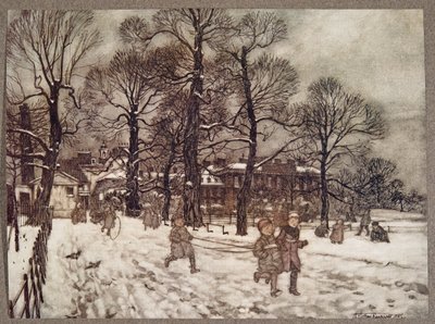 En eftermiddag när trädgårdarna var vita av snö, från Peter Pan i Kensington Gardens av J M Barrie (1860 - 1937), pub. 1906 av Arthur Rackham