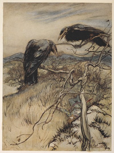 En illustration av "The Twa Corbies" av Arthur Rackham