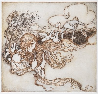 En illustration av en tjej som borstar håret med gäss och en pojke i bakgrunden, från The Goosegirl. av Arthur Rackham