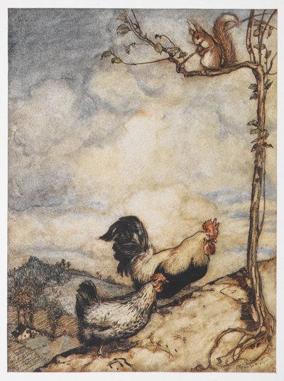 En illustration av en höna, tupp och ekorre från The Adventures of Chanticleer och Partlet. av Arthur Rackham