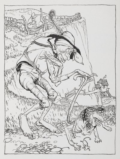 En gammal krokig man med sin krokiga katt och krokiga hus. av Arthur Rackham