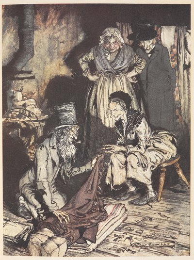 En gammal familj inne i deras hus med en man som erbjuder dem gardiner av Arthur Rackham