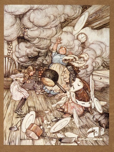En ovanligt stor kastrull flög nära den och bar den nästan bort, från Alices Adventures in Wonderland, av Lewis Carroll, pub.1907 av Arthur Rackham