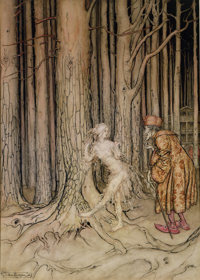 Äntligen träffade hon brudgummen som sakta kom tillbaka, illustration för Fichers Bird, från Little Brother, Little Sister, av bröderna Grimm, 1917 (wc och penna och bläck på papper) (se även 28797) av Arthur Rackham