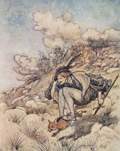Iväg flög de över stock och sten, i en sådan takt att håret visslade i vinden, från Bröderna Grimms sagor, pub. 1909 av Arthur Rackham