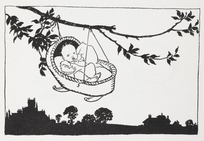 Baby i en spjälsäng hängande från en gren. av Arthur Rackham
