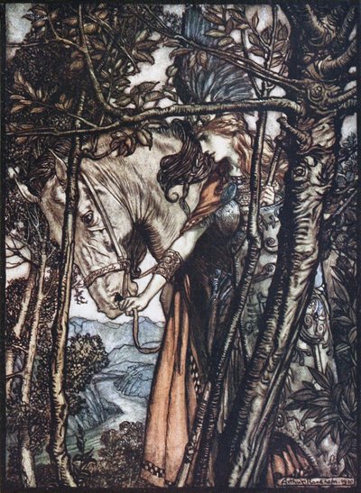 Brünnhilde leder sin häst vid tränsen. Illustration till Rhinegold och Valkyrien av Richa av Arthur Rackham