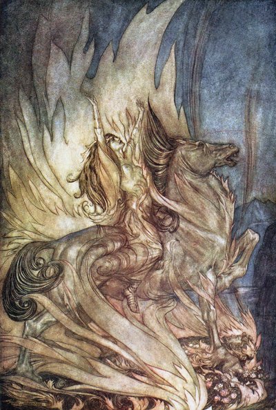 Brünnhilde på Grane hoppar upp på Siegfrieds begravningsbål. Illustration för Siegfried and The Tw av Arthur Rackham