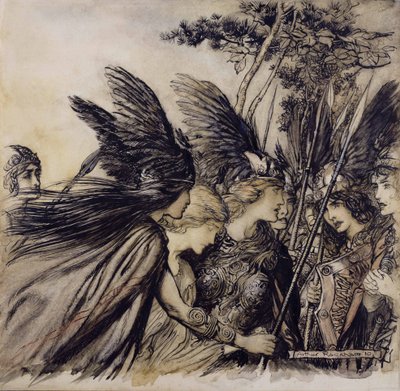 Brunnhilde Implores the Valkyries, illustration från The Rhinegold and the Valkyrie, av Richard Wagner, upplaga publicerad 1910 (penna, bläck & wc på papper) av Arthur Rackham