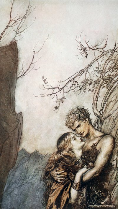 "Brunnhilde kastar sig i Siegfrieds famn", 1924. av Arthur Rackham