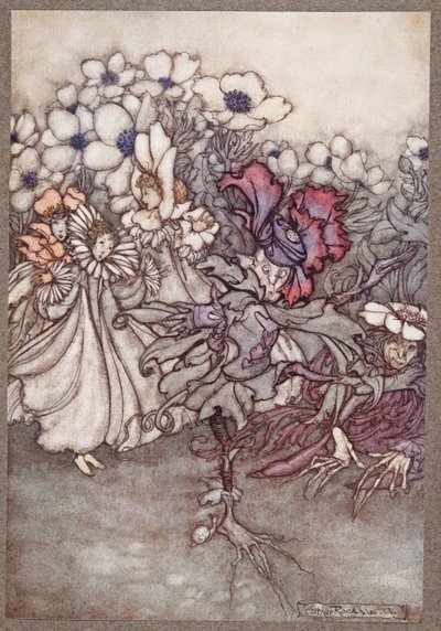 Men om du tittar, och de fruktar att det inte finns tid att gömma sig, står de helt stilla och låtsas vara blommor, från Peter Pan i Kensington Gardens av J M Barrie (1860 - 1937), pub. 1906 av Arthur Rackham