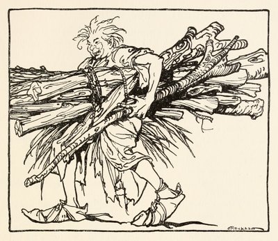 Carl bygger ett skydd för natten, från The Carl of the Drab Coat i Irish Fairy Tales av Arthur Rackham