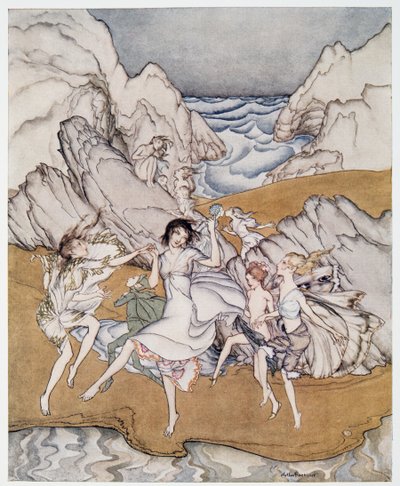 Kom till den här gula sandillustrationen från William Shakespeares The Tempest, pub. 1926 av Arthur Rackham