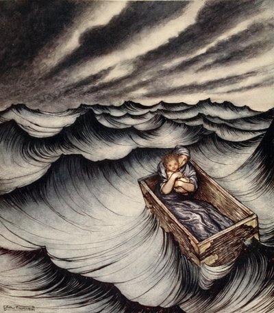 Danae klappade sitt barn hårt, illustration från "A Wonder Book for Girls and Boys" av Nathaniel Hawthorne av Arthur Rackham