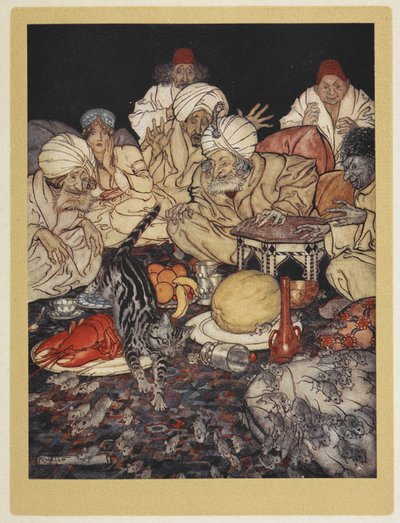 Dick Whittingtons katt rider på morernas kung av sina möss. av Arthur Rackham