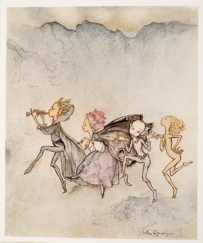 Var och en snubblar på tån och kommer att vara här med mopp och klippa, illustration från William Shakespeares The Tempest, pub. 1926 av Arthur Rackham