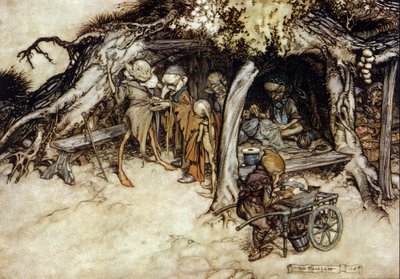 Alver gör en jacka, Illustration av Arthur RACKHAM (1867-1939) för The Dream of a Summer Night av William SHAKESPEARE av Arthur Rackham