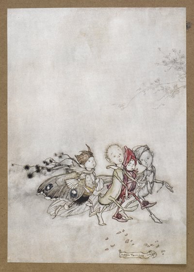 Gå in på Peaseblossom, Cobweb, Moth och Senapsfrö. En scen ur "En midsommarnattsdröm". av Arthur Rackham