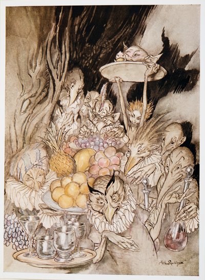 Gå in i flera konstiga former, ta med en bankett? bjud in kungen, etc. att äta, illustration från William Shakespeares The Tempest, pub. 1926 av Arthur Rackham