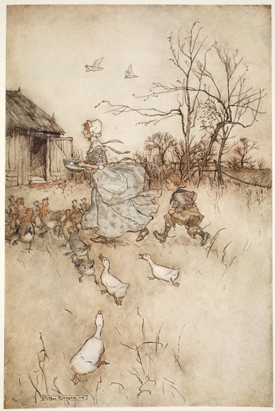 Utrustad i ett par av sina fäder avgjutna galligaskinn som han hade lika mycket reklam att hålla uppe som en fin dam tränar i dåligt väder., från Rip Van Winkle av Washington Irving, pub. 1910 (färg li av Arthur Rackham