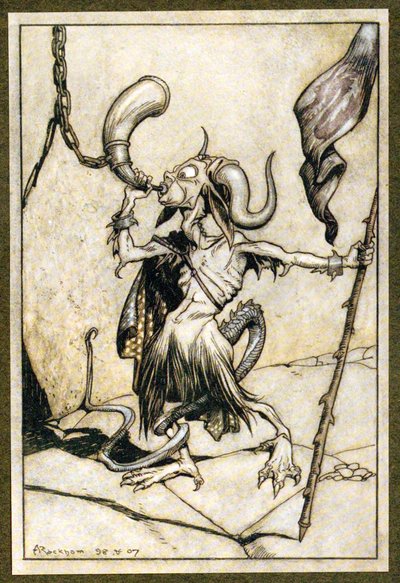 Innan hornet vid porten till Barbican Tower blåstes med en hög tjugo trumpetare kraft, 1907 av Arthur Rackham