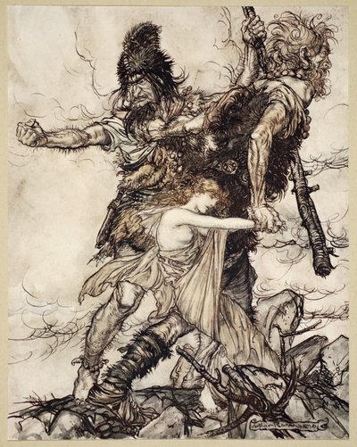 Fasolt griper plötsligt Freia och drar henne åt sidan med Fafner, illustration från 