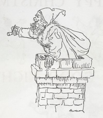 Jultomten klättrar nerför en skorsten av Arthur Rackham
