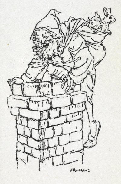 Jultomten klättrar nerför en skorsten med en säck med presenter av Arthur Rackham