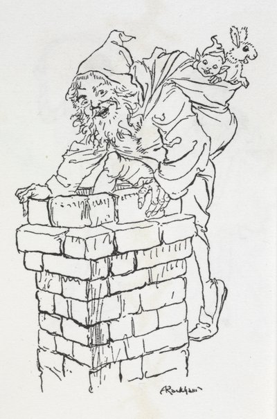 Jultomten klättrar in i en skorsten med presenter av Arthur Rackham