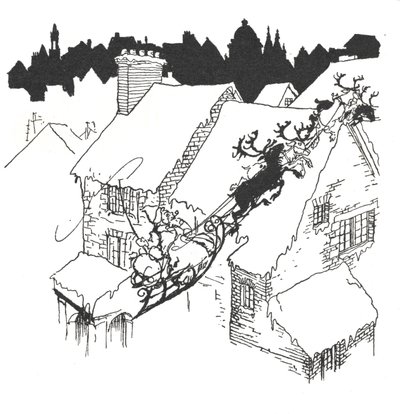 Jultomten i sin släde som flyger över snöiga hustak av Arthur Rackham