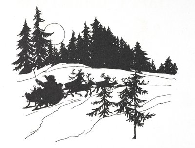 Jultomten reser genom en snöig skog på sin släde av Arthur Rackham