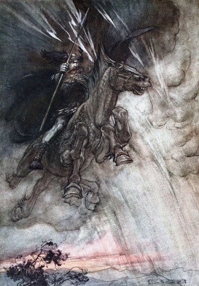 Wotan rider rasande till klippan. Illustration till Rhinegold och Valkyrien av Richard av Arthur Rackham