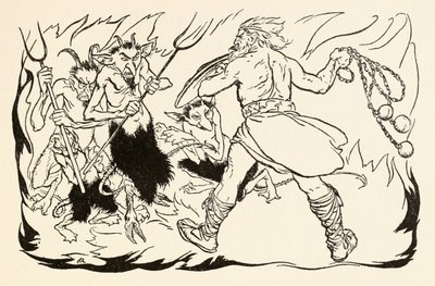 Goll mac Morna anfaller helvetet för att rädda Fionn och Fianna-finnen, från The Little Brawl at Allen i Irish Fairy Tales av Arthur Rackham