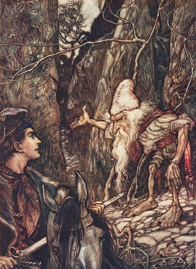 Bra dvärg, kan du inte berätta var mina bröder är? från Sagorna om bröderna Grimm, pub. 1909 av Arthur Rackham