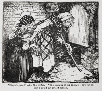 Grethel och den gamla häxan vid ugnen från Hansel och Grethel. av Arthur Rackham