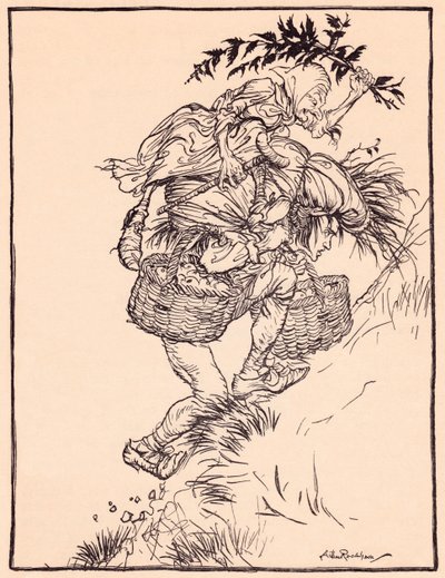 Stönande ständigt klättrade han upp på berget. Illustration av Arthur Rackham från Grimms saga, Gåsflickan vid brunnen. av Arthur Rackham