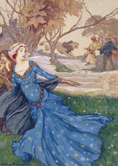 Guinevere Rescued by La Cote Male Taile, illustration från A Collection of Stories from Old Fairy Tales: Grimm, Andersen and Stories of King Arthur, publicerad 1905 (kroppsfärg på papper) av Arthur Rackham