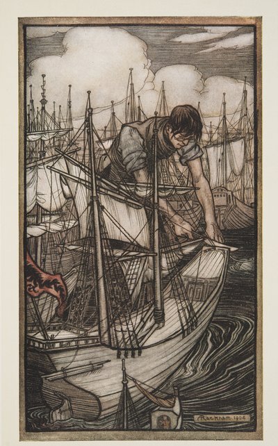 Gulliver griper fiendens flotta, från Gullivers Travels av Jonathan Swift (1667 - 1745), pub. 1909 av Arthur Rackham